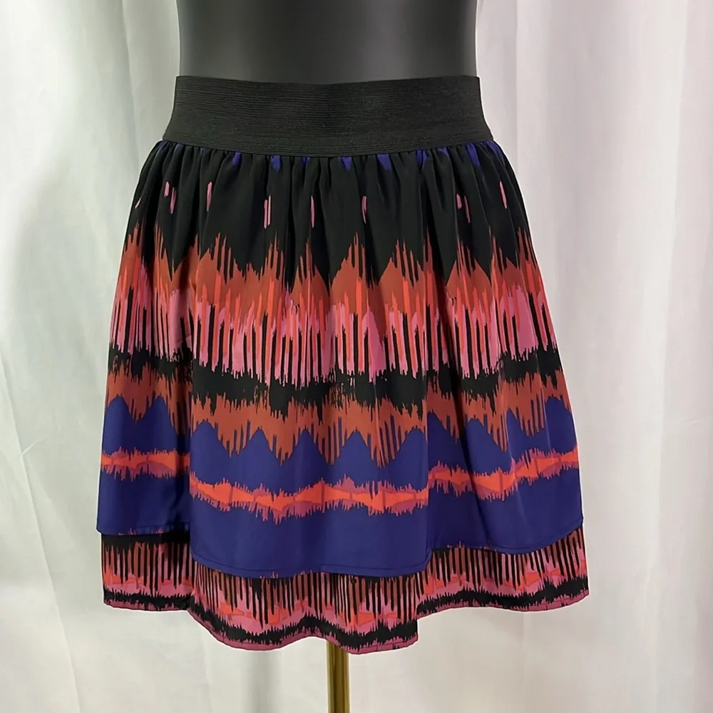 LC Lauren Conrad Pink Purple & Black Printed Tiered Hem High Waisted Mini Skirt